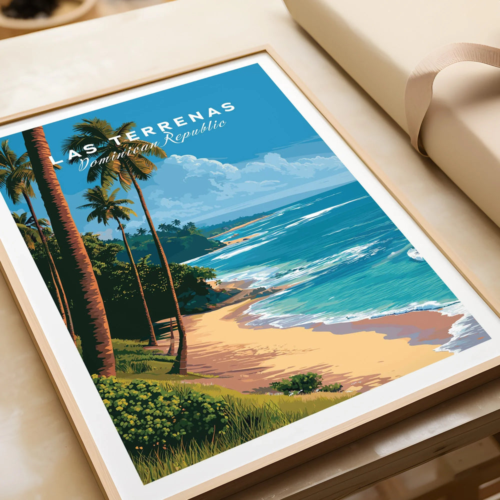 Framed Las Terrenas beach travel poster, Dominican Republic, tropical palm trees & ocean view wall art