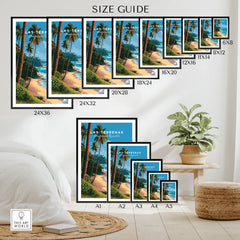 Las Terrenas travel poster size guide for wall art, featuring tropical beach scenes in various frame sizes.