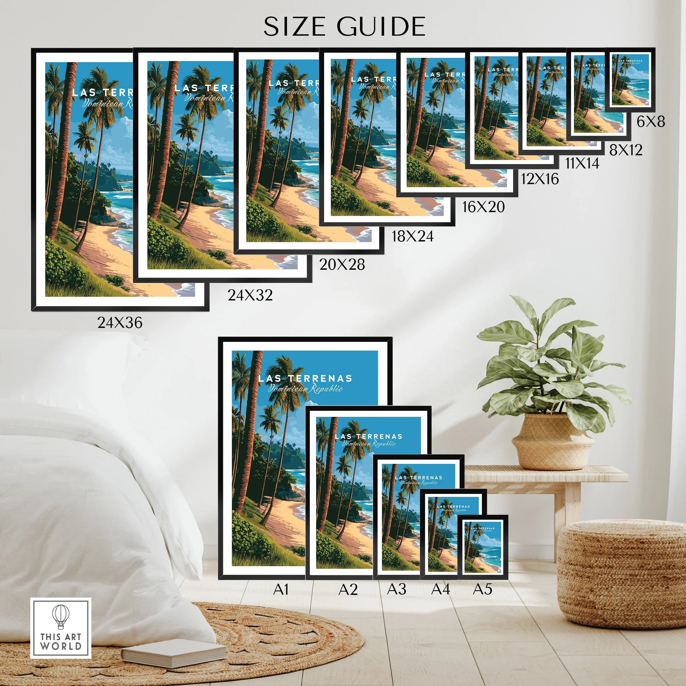 Las Terrenas travel poster size guide for wall art, featuring tropical beach scenes in various frame sizes.