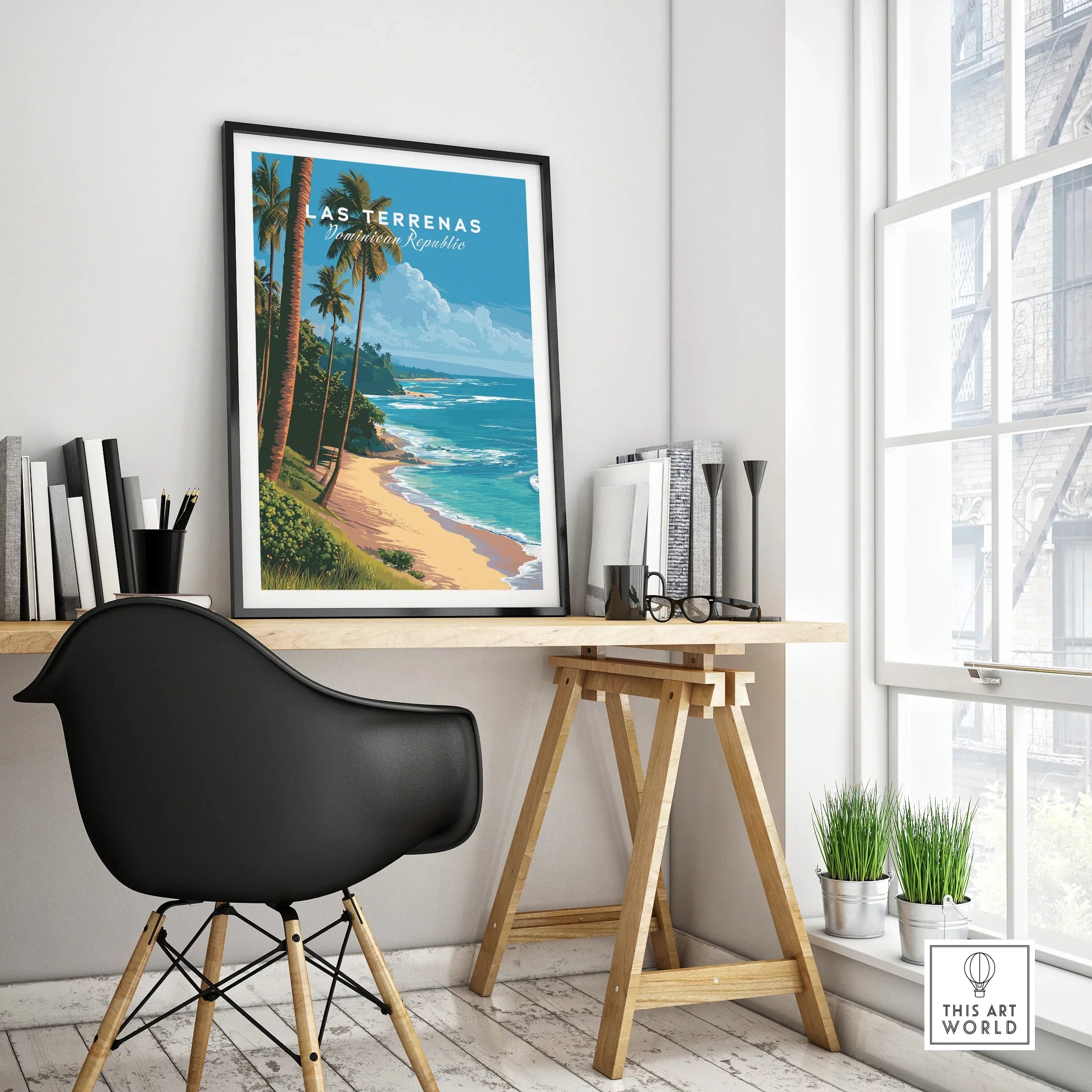 Las Terrenas Dominican Republic travel poster with palm trees and beach, framed wall art for home decor