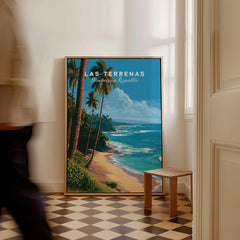 Las Terrenas Dominican Republic travel poster with palm trees, beach, and ocean, framed wall art for home decor