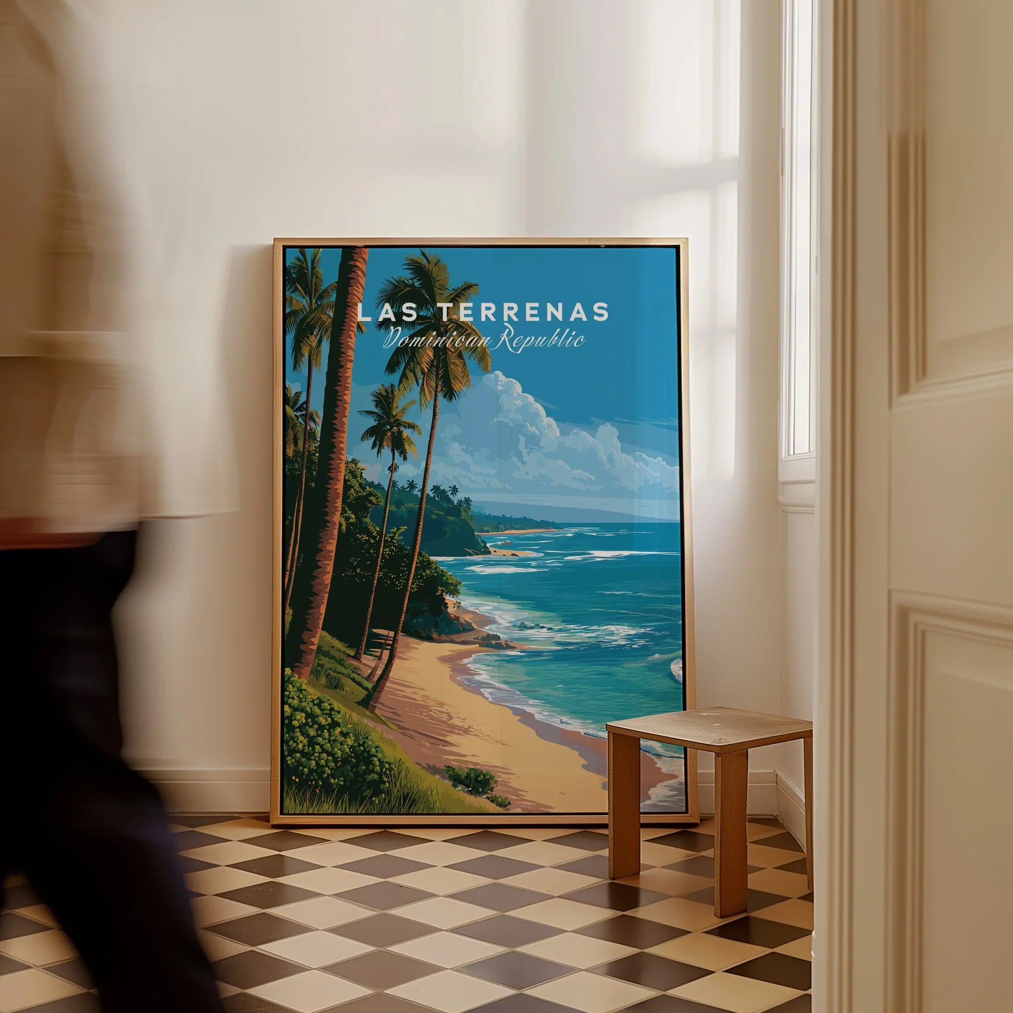 Las Terrenas Dominican Republic travel poster with palm trees, beach, and ocean, framed wall art for home decor