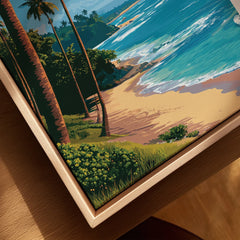 Tropical beach wall art with palm trees, ocean waves, and sandy shore in wooden frame