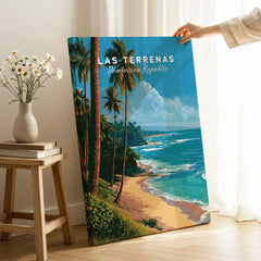 Las Terrenas Dominican Republic travel poster with palm trees, beach, and ocean, ideal for home wall art decor