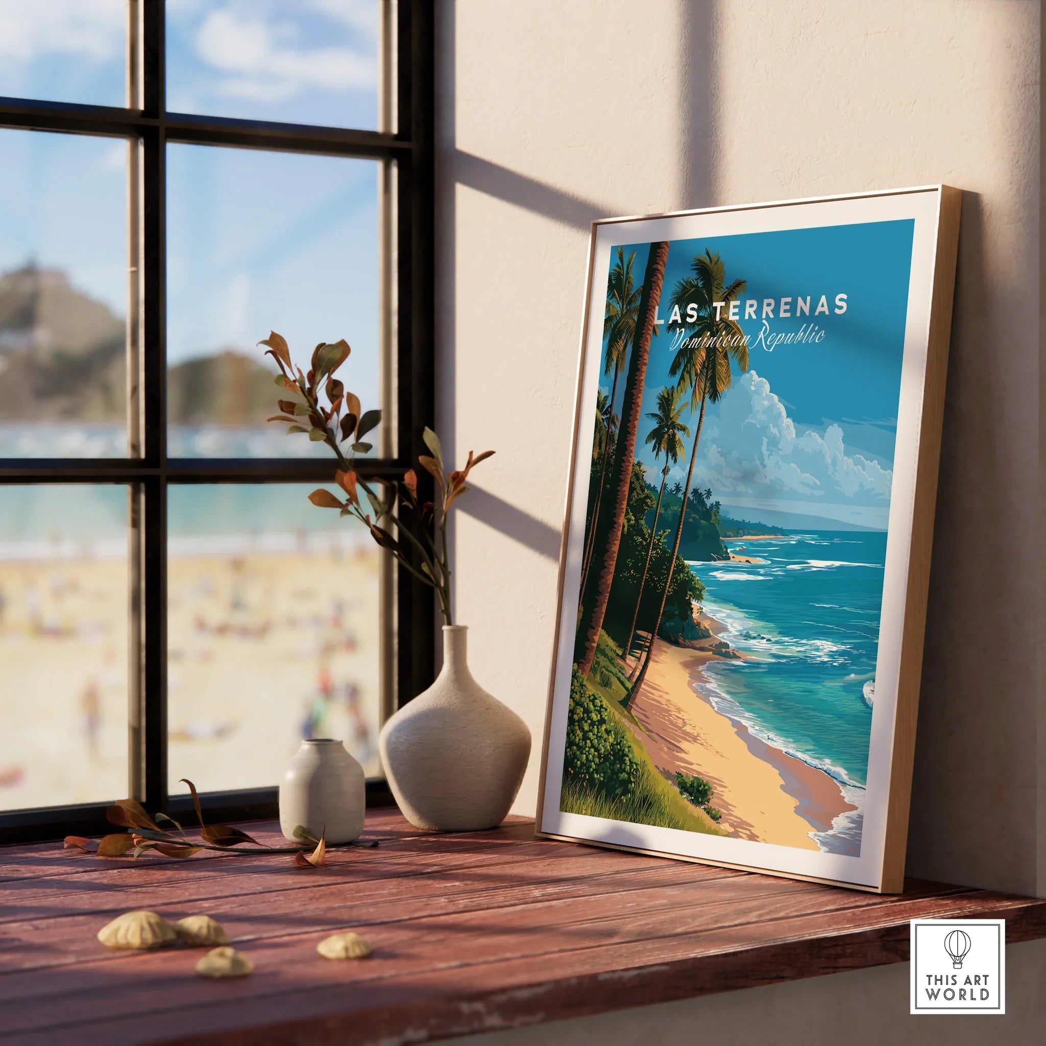 Las Terrenas Dominican Republic travel poster with palm trees, beach, and ocean, perfect for home wall art decor.