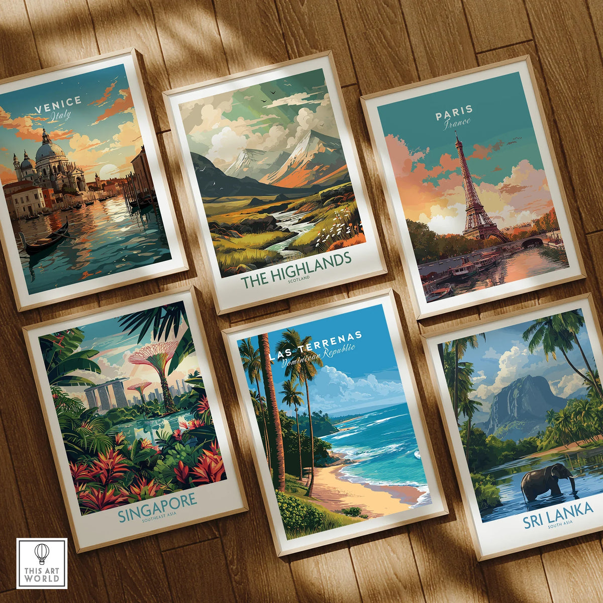 Framed travel posters of Venice, Paris, Scotland Highlands, Singapore, Las Terrenas & Sri Lanka for wall art decor