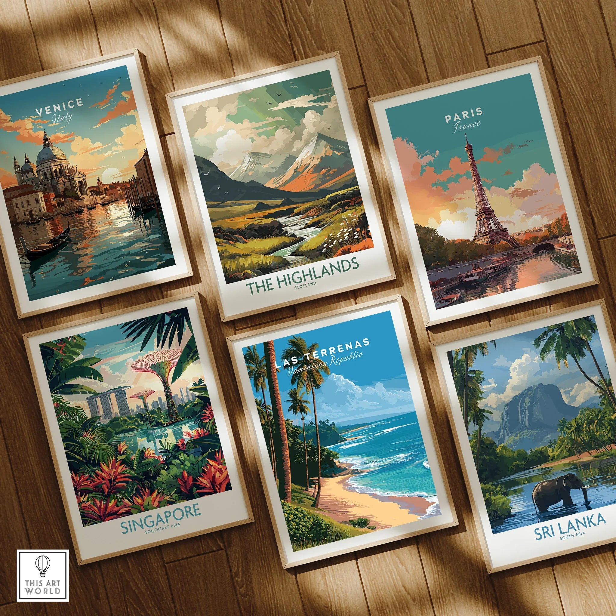 Framed travel posters of Venice, Paris, Scotland Highlands, Singapore, Las Terrenas & Sri Lanka for wall art decor