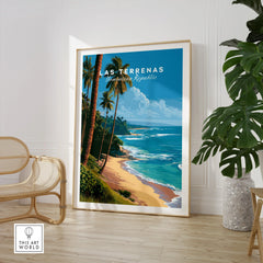Las Terrenas beach travel poster with palm trees, ocean waves, and tropical scenery for home wall art decor