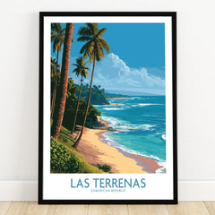 Las Terrenas Dominican Republic travel poster with palm trees, beach, and ocean, framed wall art