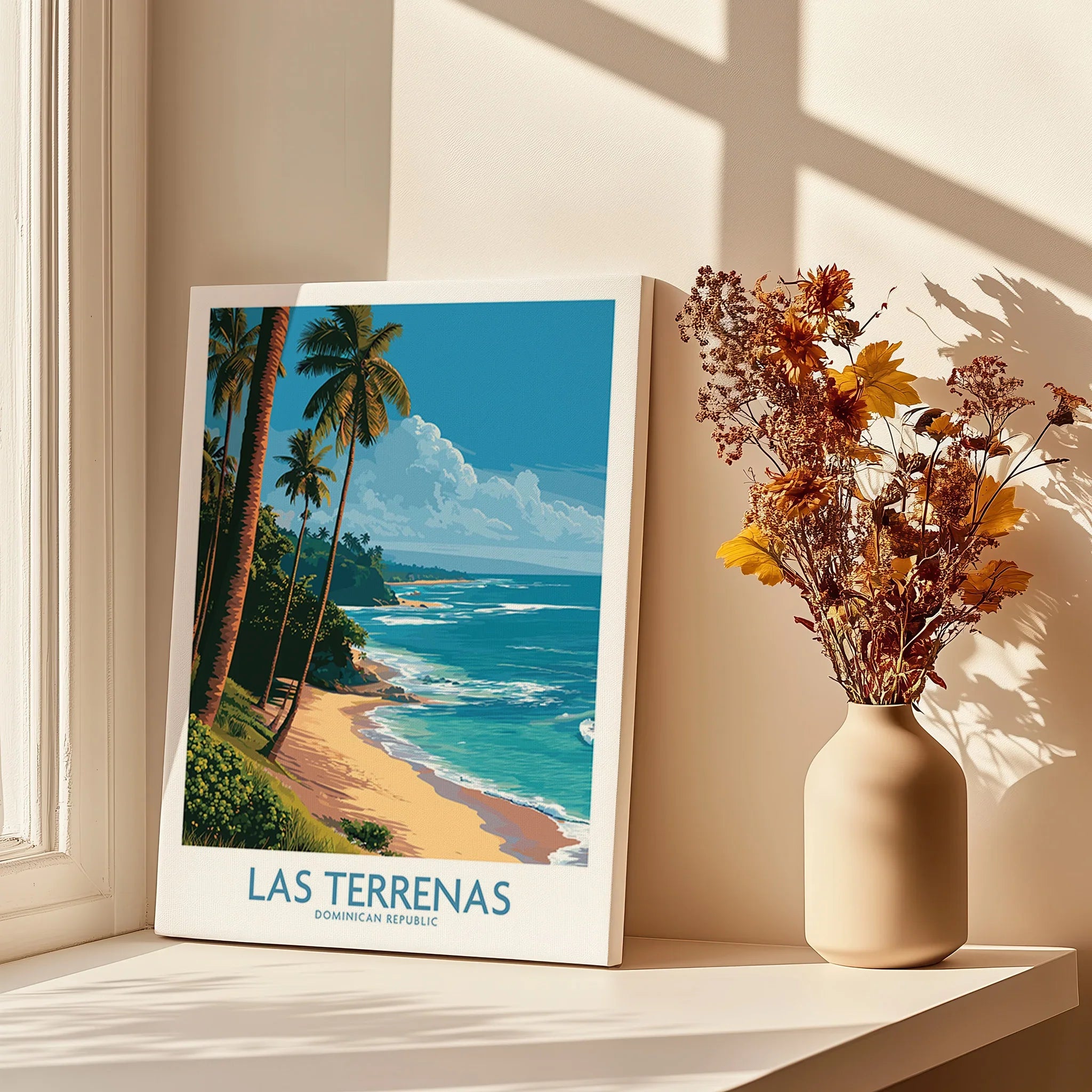 Las Terrenas beach travel poster with palm trees, ocean waves, and tropical scenery for home wall art decor