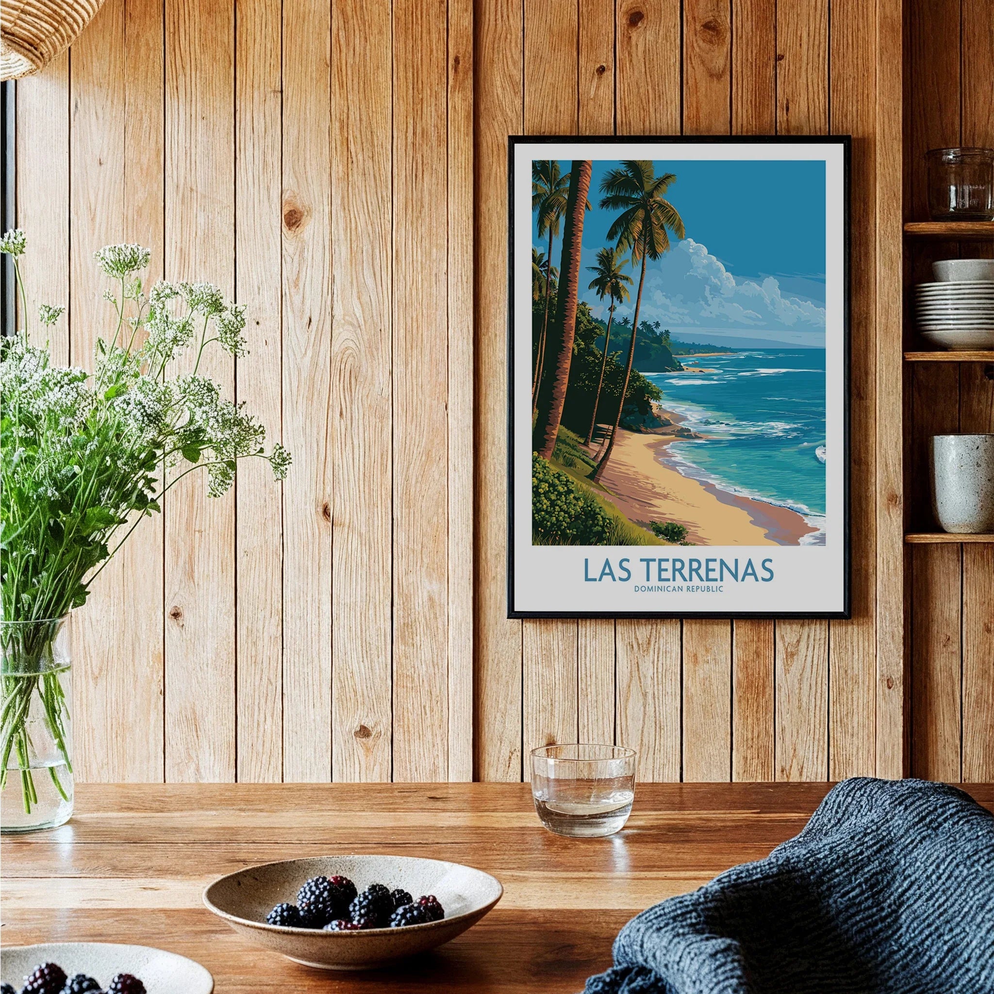Las Terrenas beach travel poster with palm trees, ocean waves, and tropical scenery for home wall art decor