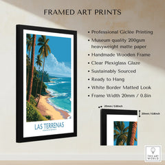 Framed Las Terrenas travel poster with palm trees, beach, and ocean, ideal for home wall art decor.