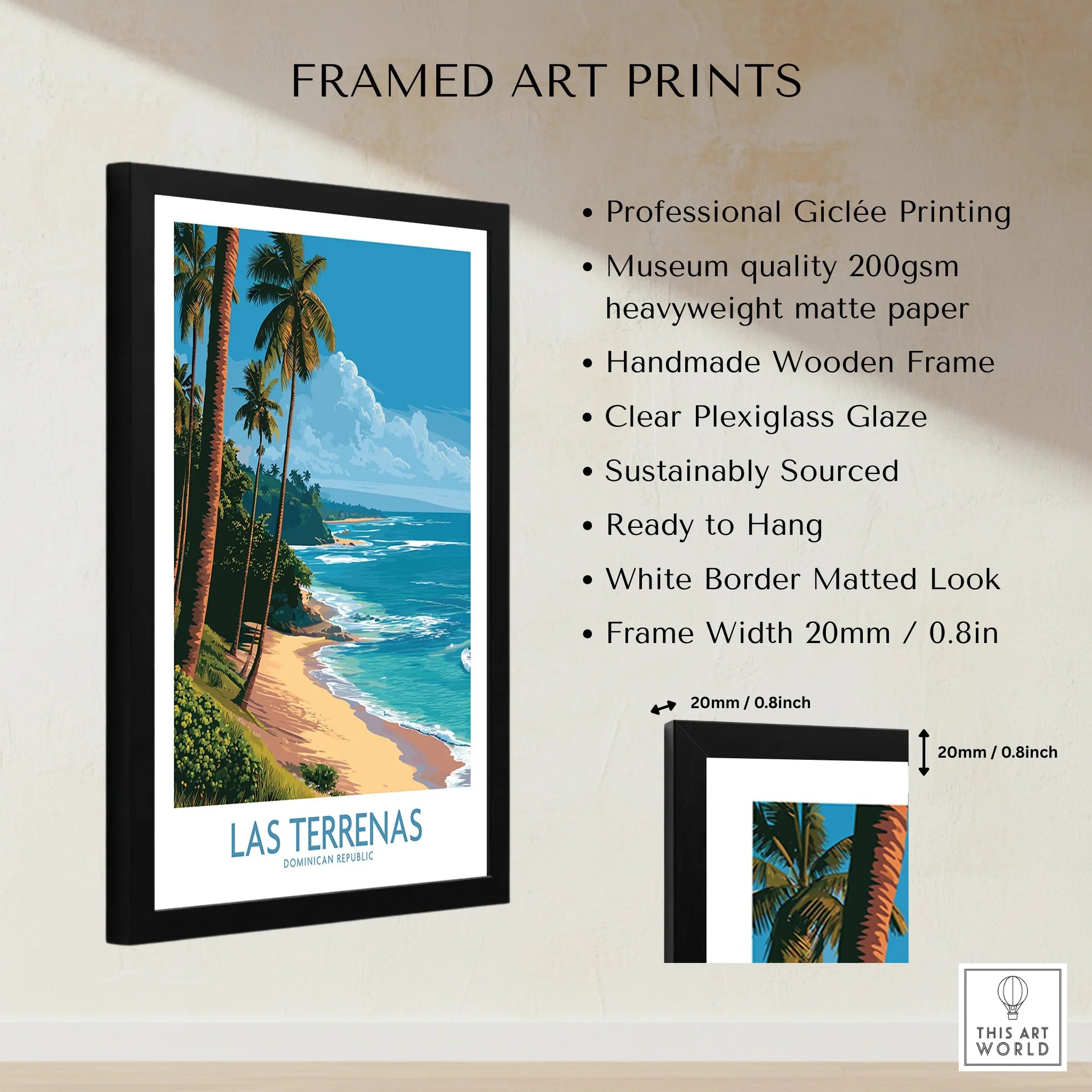 Framed Las Terrenas travel poster with palm trees, beach, and ocean, ideal for home wall art decor.