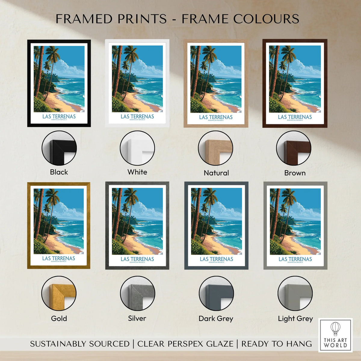 Las Terrenas travel poster in 8 frame colors: black, white, natural, brown, gold, silver, dark grey, light grey