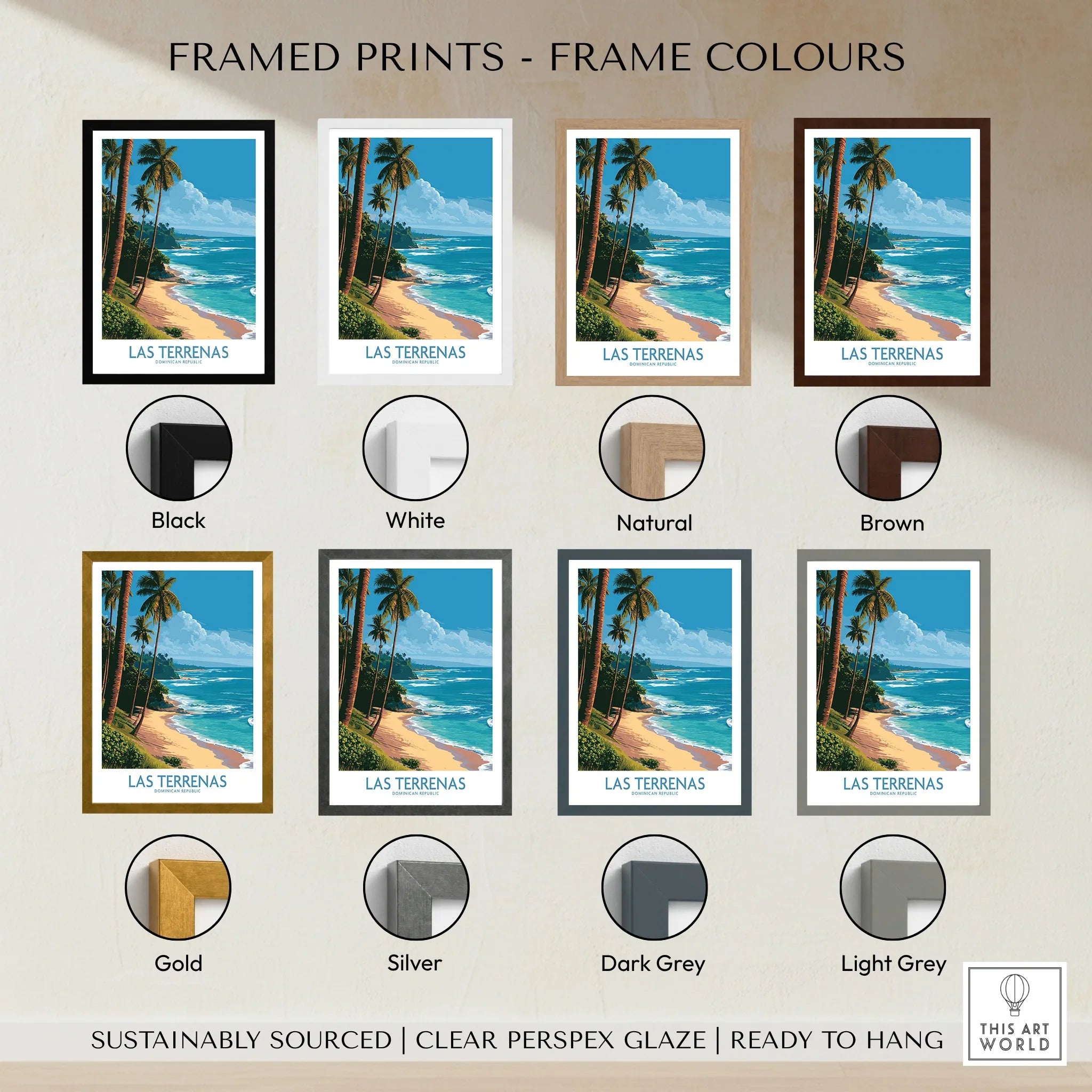 Las Terrenas travel poster in 8 frame colors: black, white, natural, brown, gold, silver, dark grey, light grey