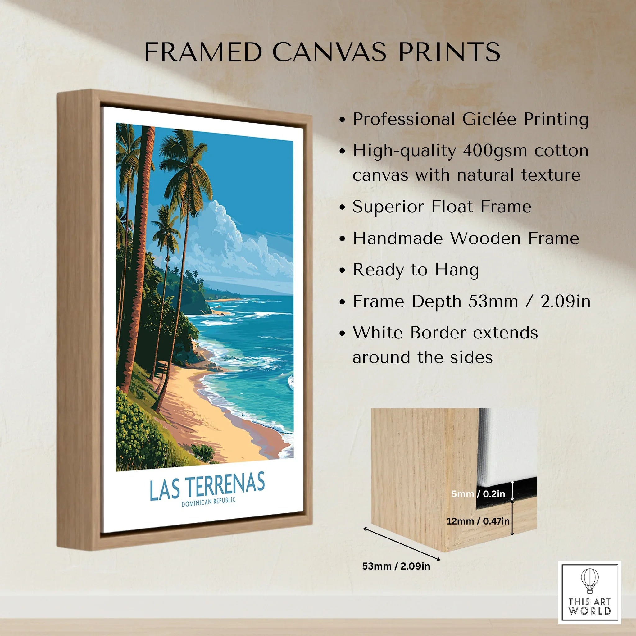 Las Terrenas beach travel poster print in wooden frame, tropical palm trees, ocean view, ready to hang wall art