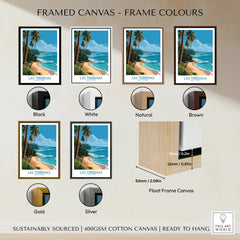 Las Terrenas travel poster in black, white, natural, brown, gold, and silver float frames, ready to hang