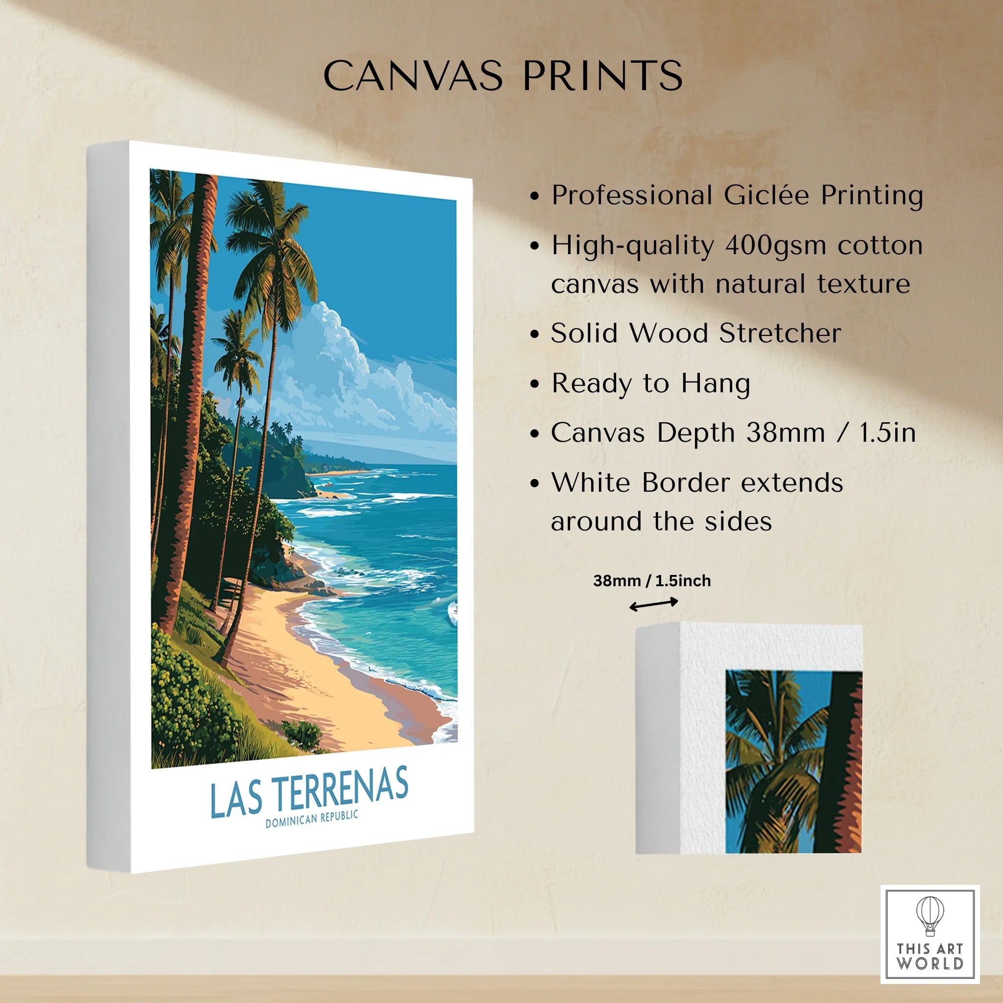 Las Terrenas Dominican Republic travel poster canvas print with palm trees, beach, and ocean view