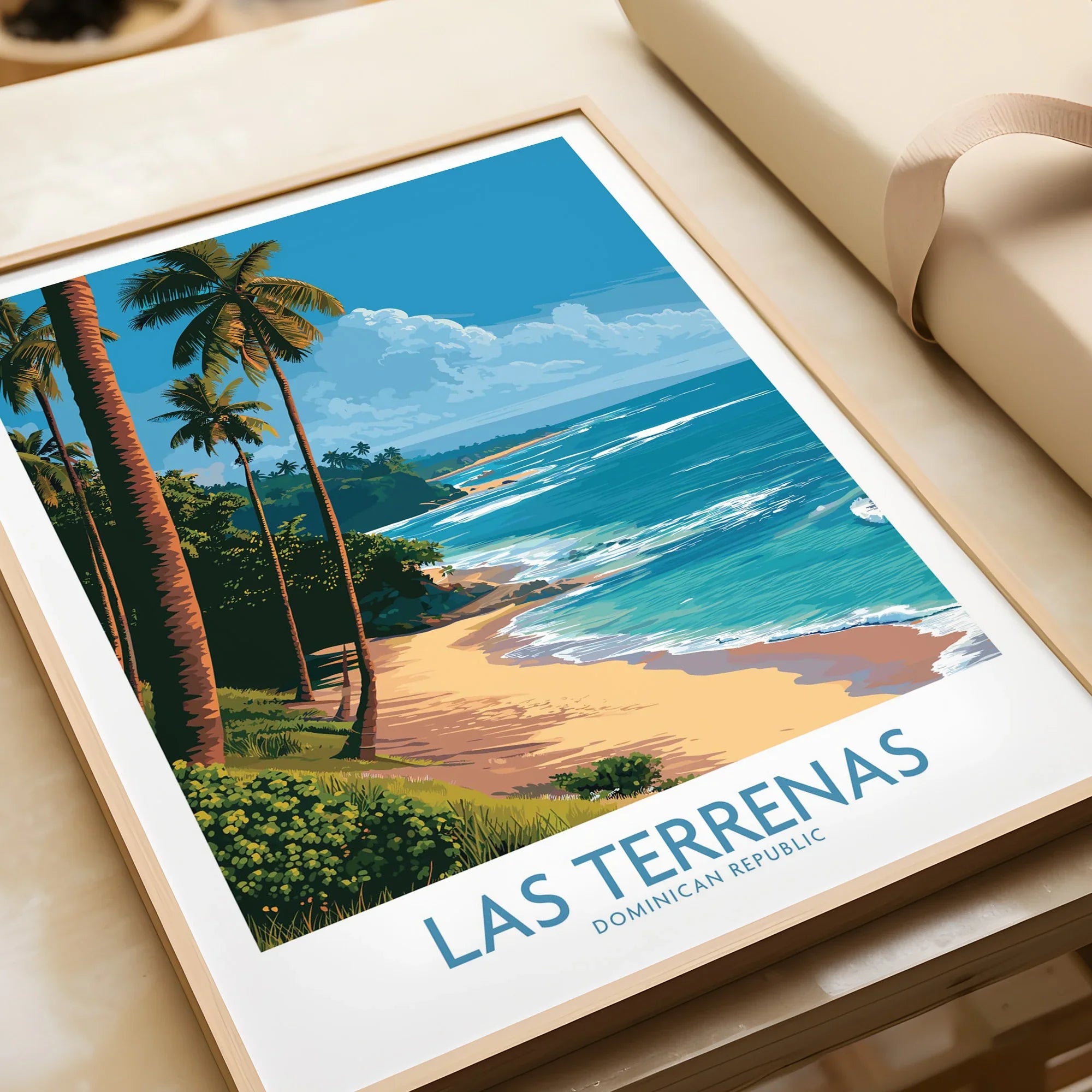 Las Terrenas beach travel poster, Dominican Republic, tropical palm trees, ocean waves, framed wall art