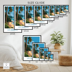 Las Terrenas travel poster size guide, tropical beach art for home decor, palm trees & ocean view
