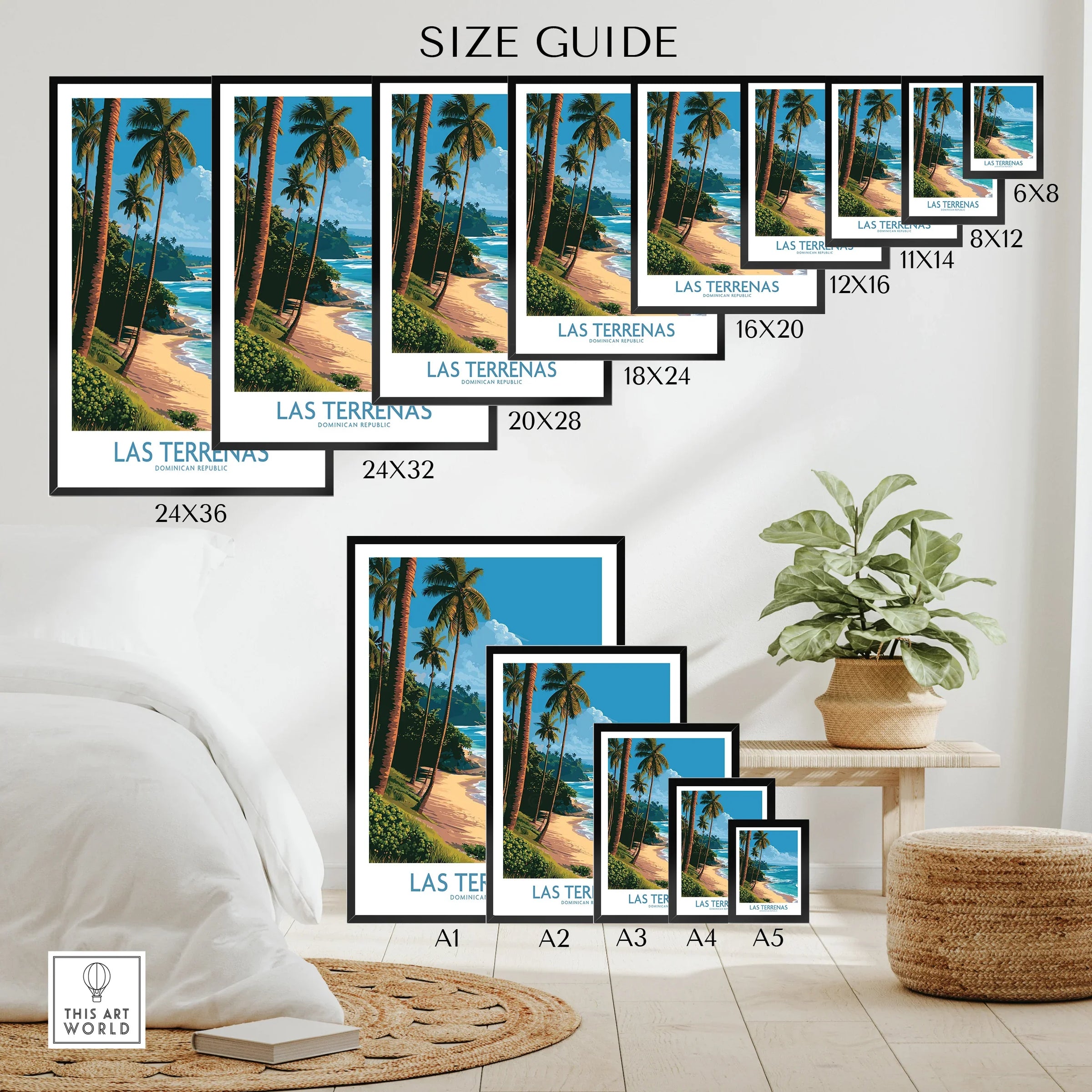 Las Terrenas travel poster size guide, tropical beach art for home decor, palm trees & ocean view