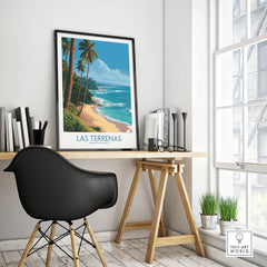 Las Terrenas travel poster with palm trees and beach, Dominican Republic wall art for home decor