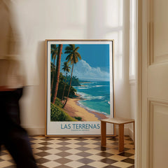 Las Terrenas Dominican Republic travel poster with palm trees, beach, and ocean, framed wall art for home decor