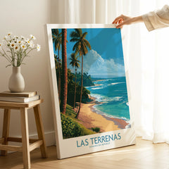 Las Terrenas beach travel poster with palm trees, turquoise ocean, and tropical scenery for home wall art decor