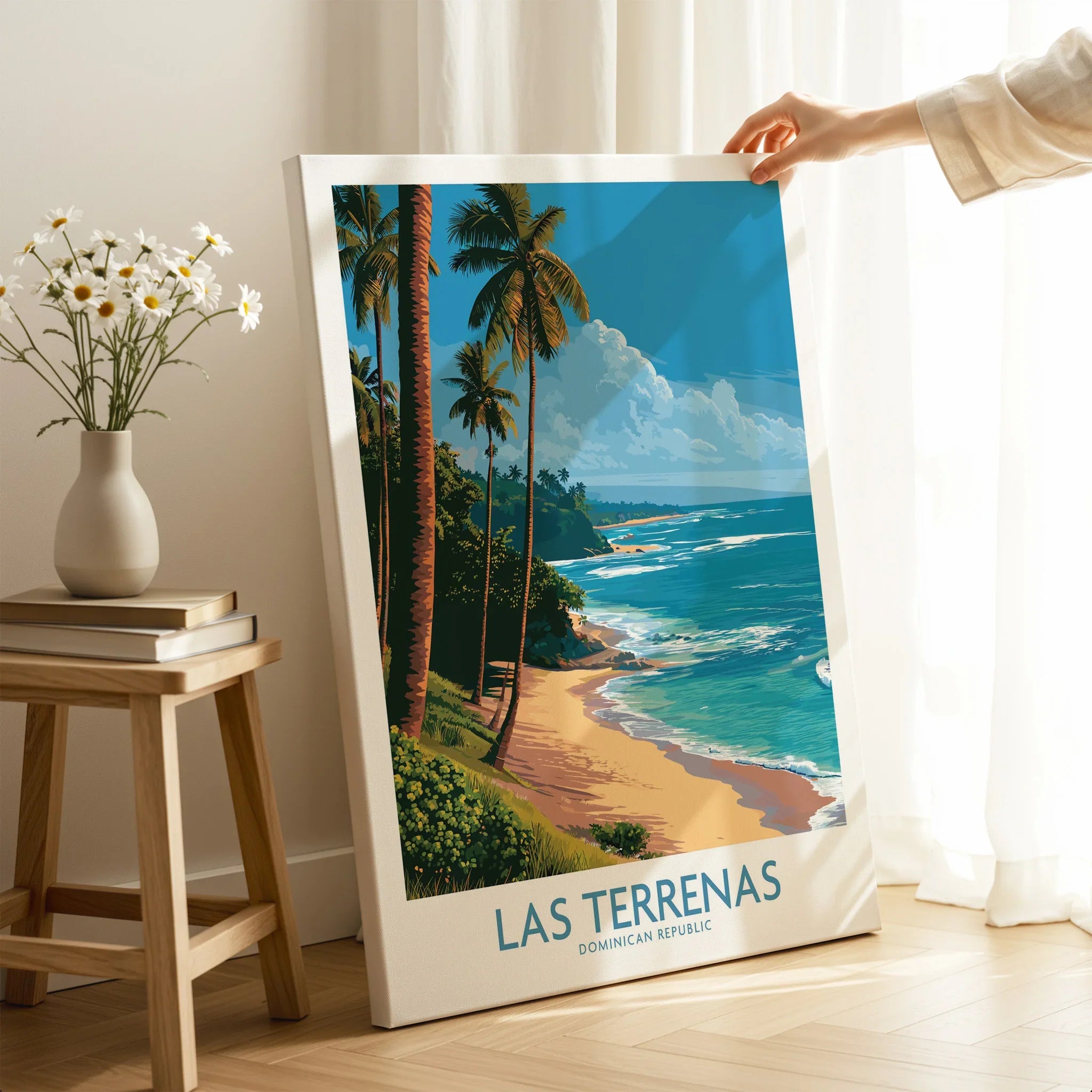 Las Terrenas beach travel poster with palm trees, turquoise ocean, and tropical scenery for home wall art decor