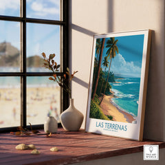 Las Terrenas travel poster with palm trees and beach, Dominican Republic wall art for home decor