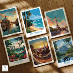 Framed travel posters of Venice, Paris, Barcelona, Singapore, Sri Lanka, and Las Terrenas for wall art decor