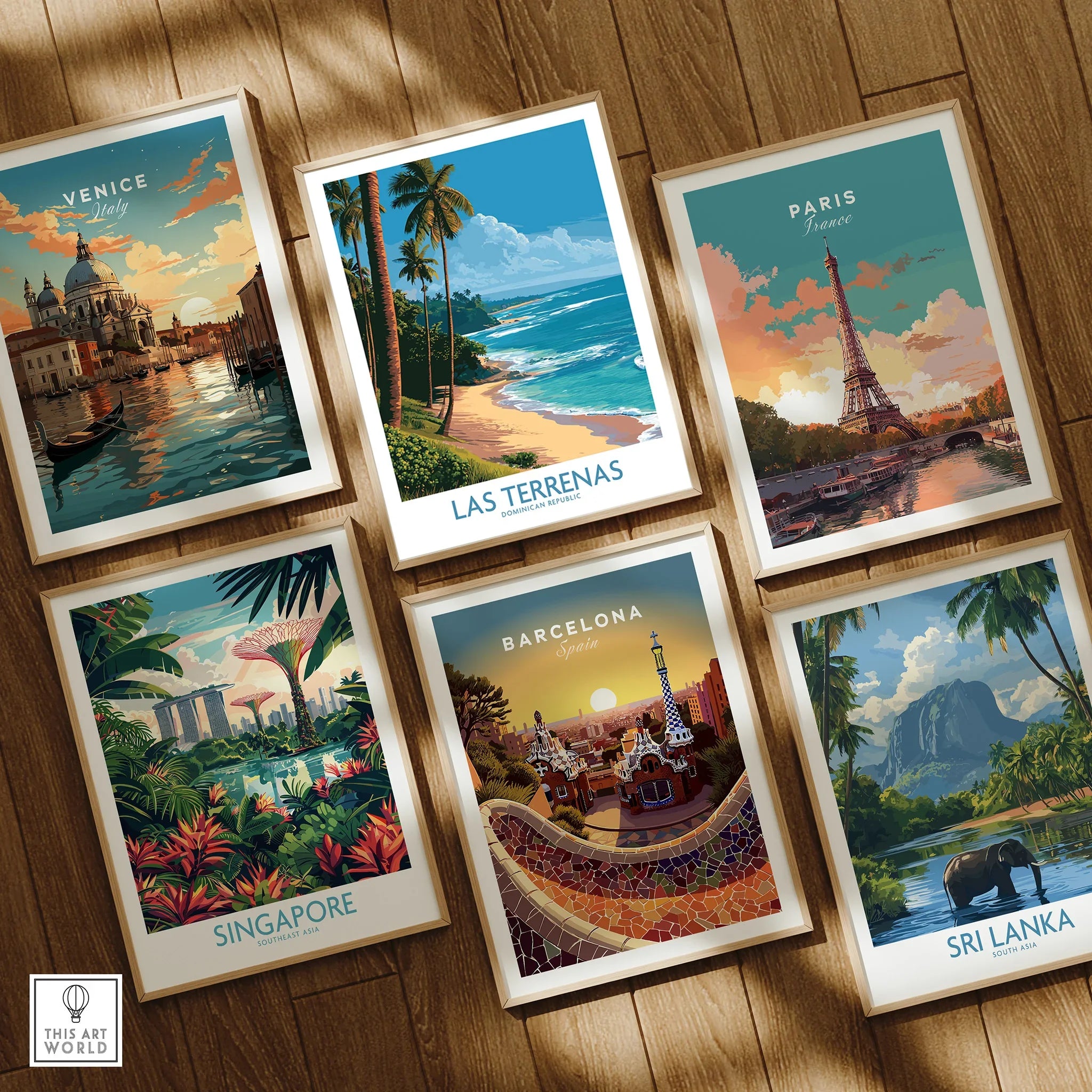 Framed travel posters of Venice, Paris, Barcelona, Singapore, Sri Lanka, and Las Terrenas for wall art decor