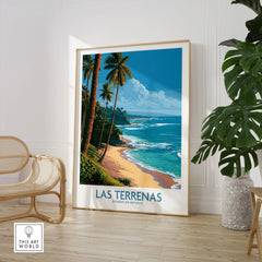 Las Terrenas Dominican Republic travel poster with palm trees, beach, and ocean, framed wall art for home decor