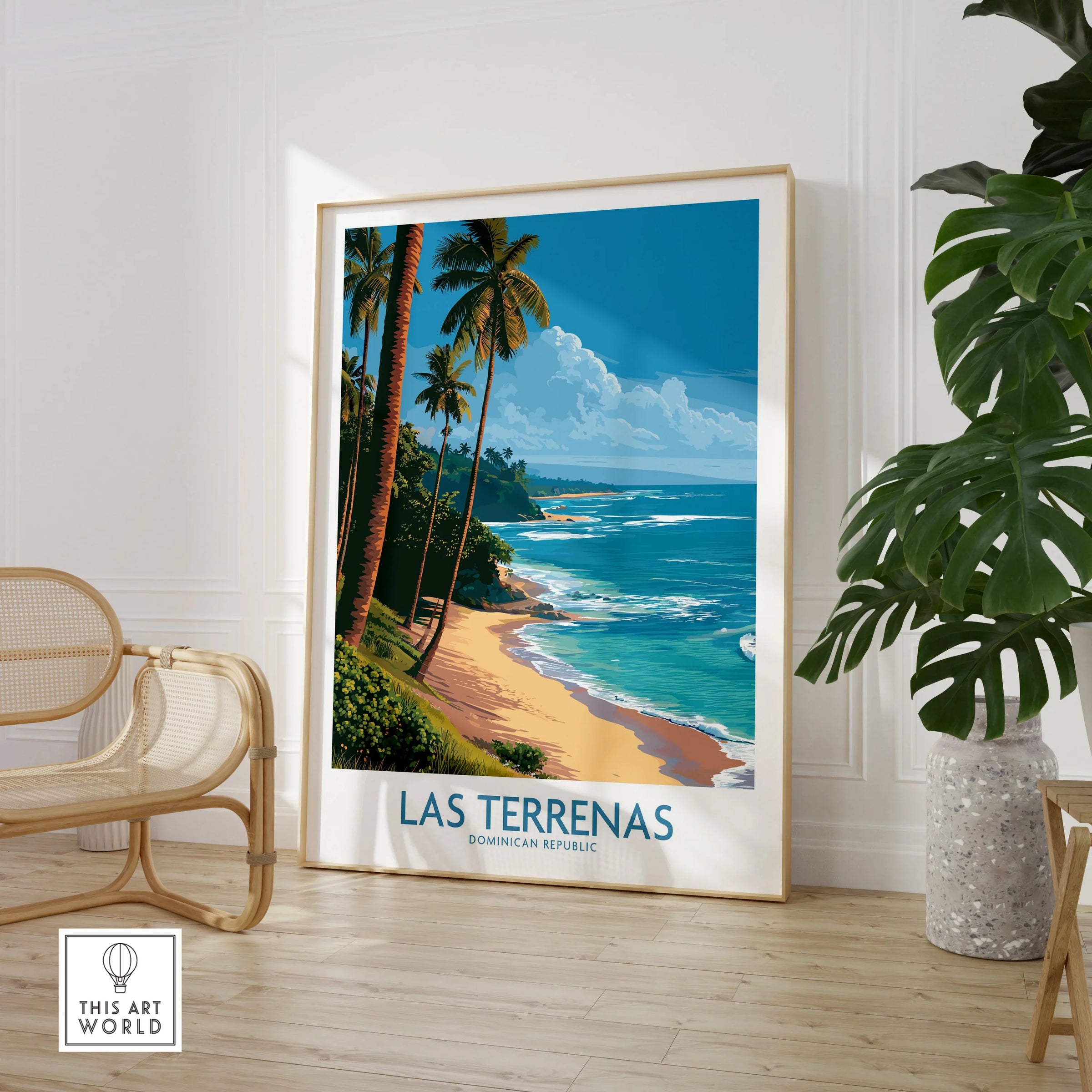 Las Terrenas Dominican Republic travel poster with palm trees, beach, and ocean, framed wall art for home decor