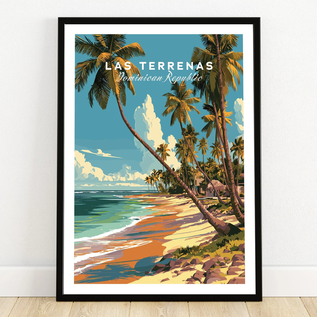 Las Terrenas Dominican Republic travel poster with palm trees, beach, and ocean, framed wall art