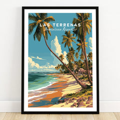 Las Terrenas Dominican Republic travel poster with palm trees, beach, and ocean, framed wall art
