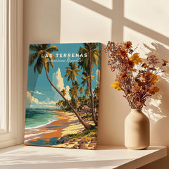 Las Terrenas Dominican Republic travel poster with palm trees, beach, and ocean, styled on a windowsill with dried flowers.