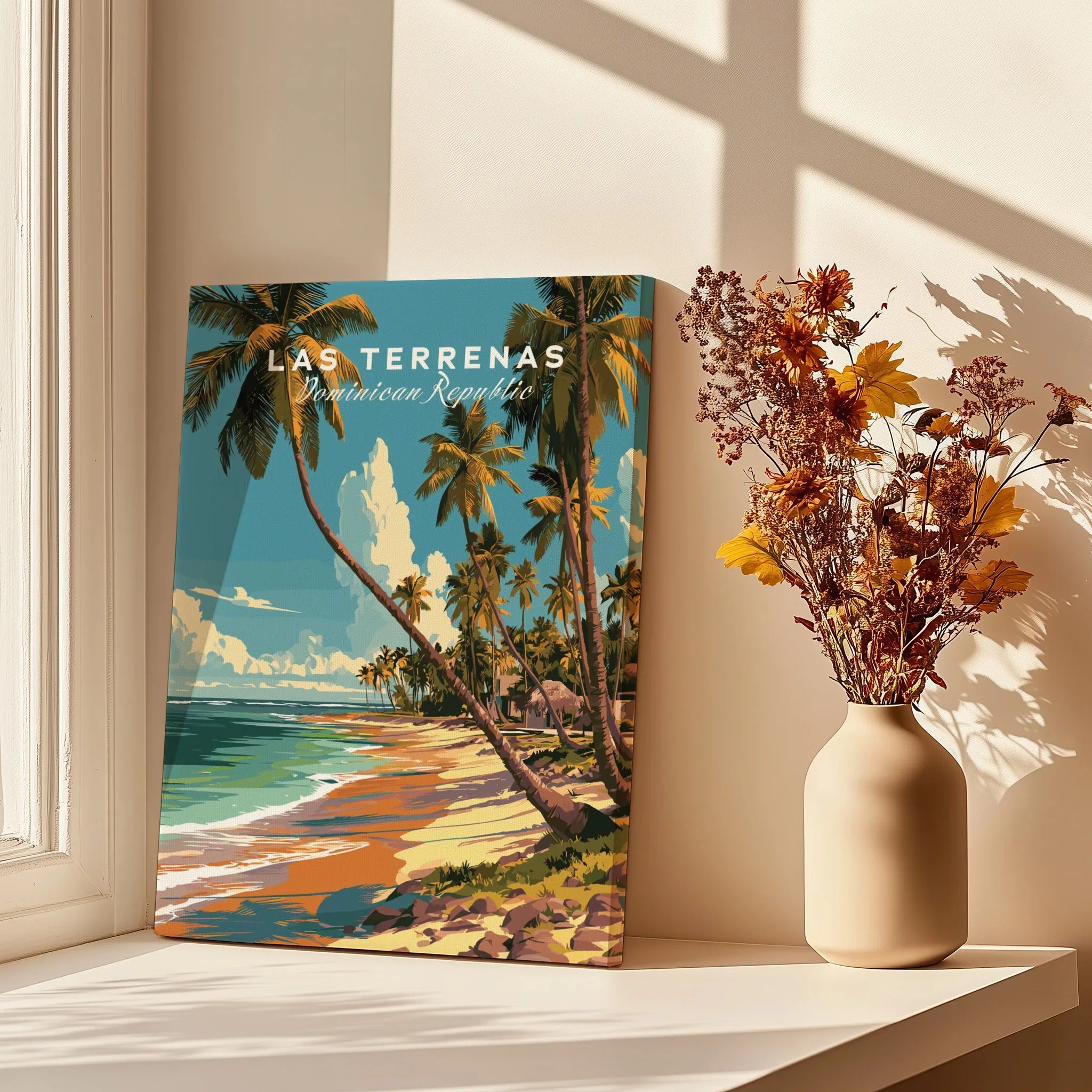 Las Terrenas Dominican Republic travel poster with palm trees, beach, and ocean, styled on a windowsill with dried flowers.
