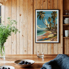 Las Terrenas Dominican Republic travel poster with palm trees and beach, perfect wall art for home decor