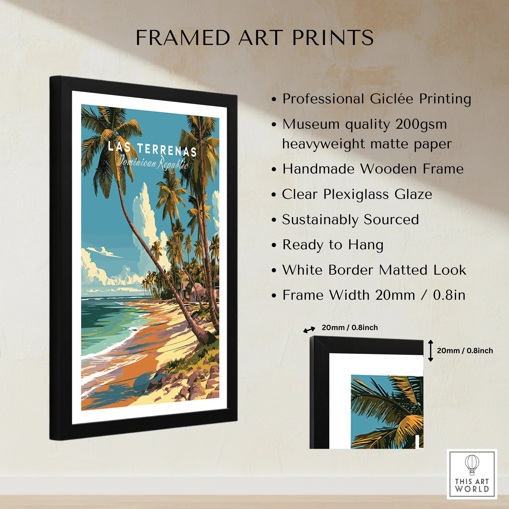 Framed Las Terrenas travel poster with palm trees, beach, and ocean – ideal wall art for home decor