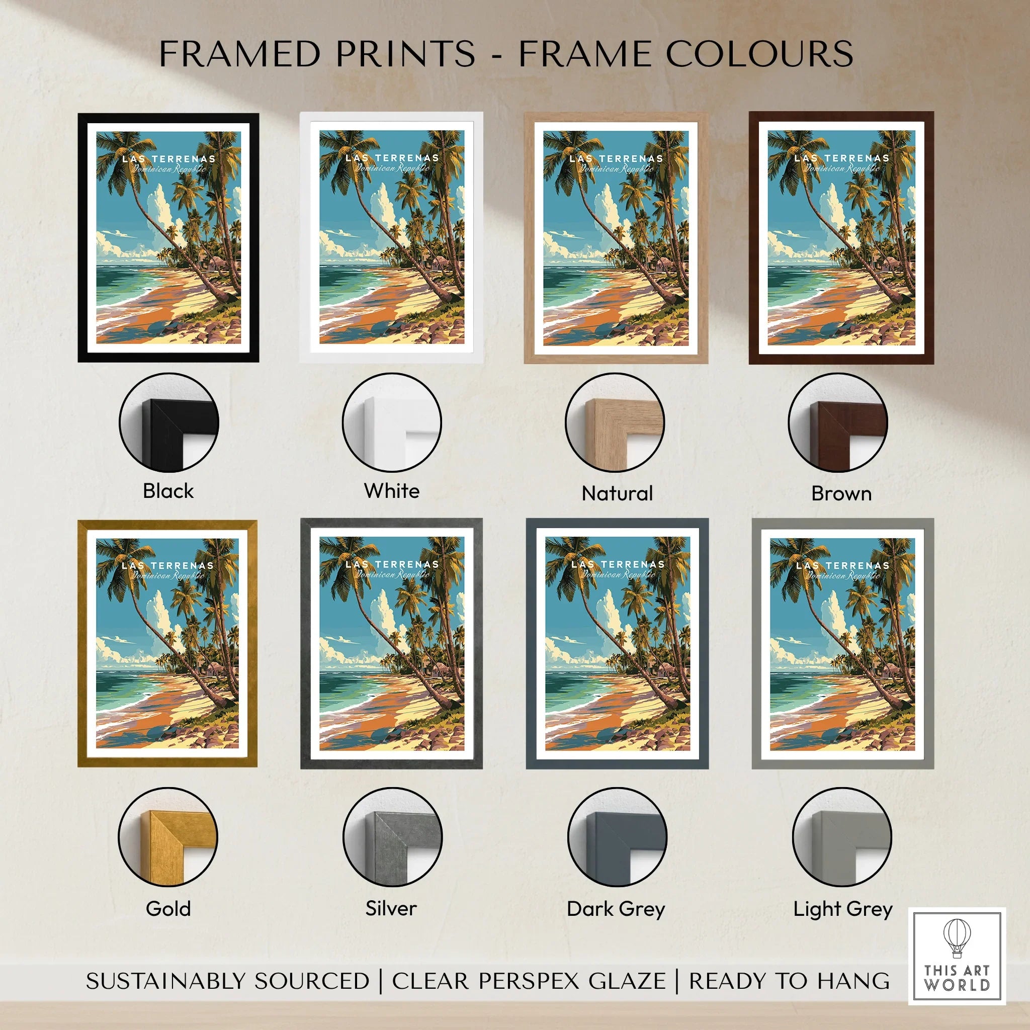 Las Terrenas beach travel poster in 8 frame colors: black, white, natural, brown, gold, silver, dark grey, light grey