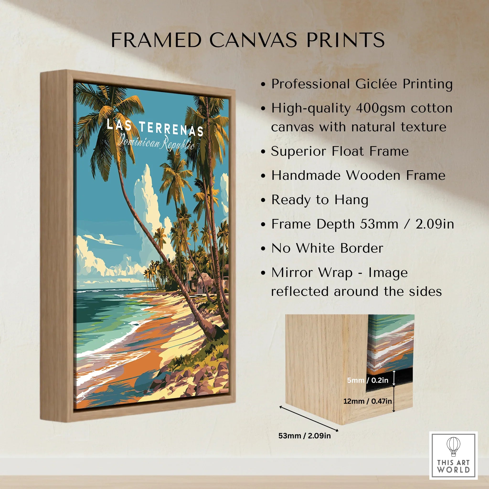 Las Terrenas beach travel poster print in wooden frame, tropical palm trees & ocean view wall art
