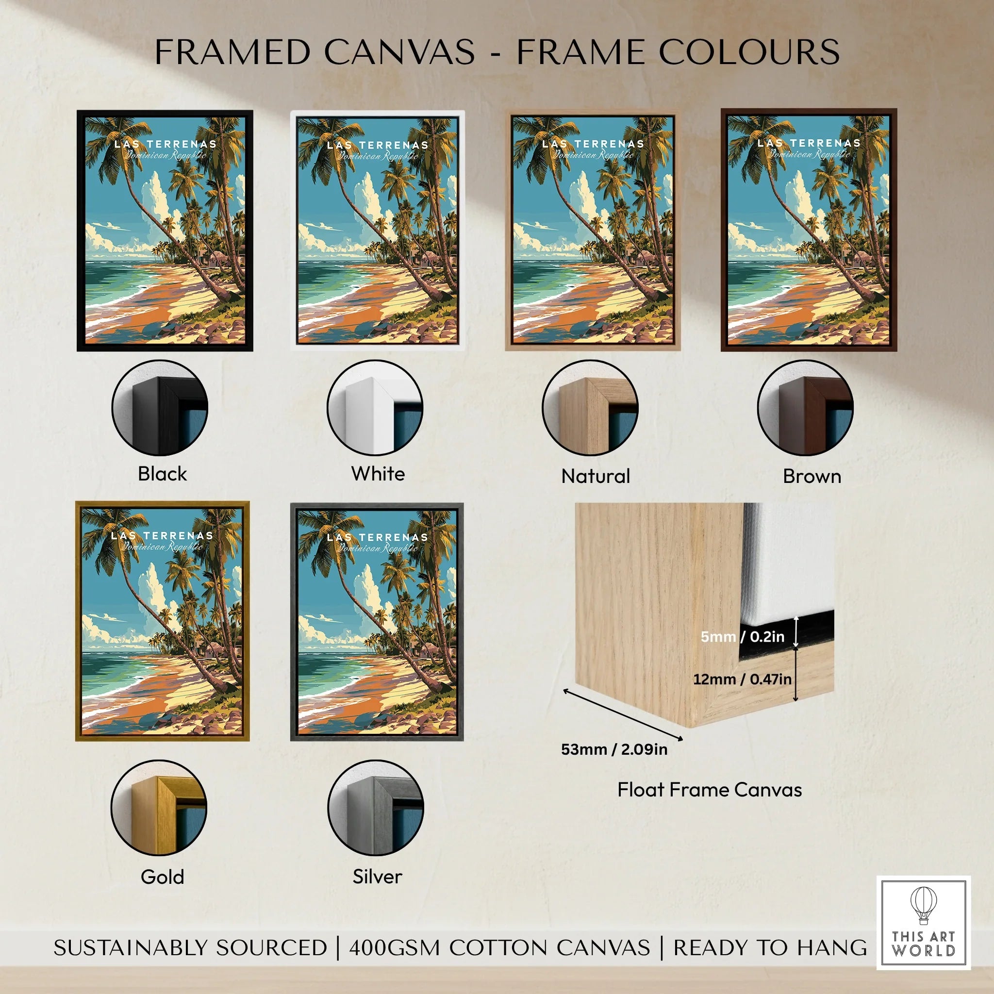 Las Terrenas travel poster in black, white, natural, brown, gold, and silver float frames, ready to hang