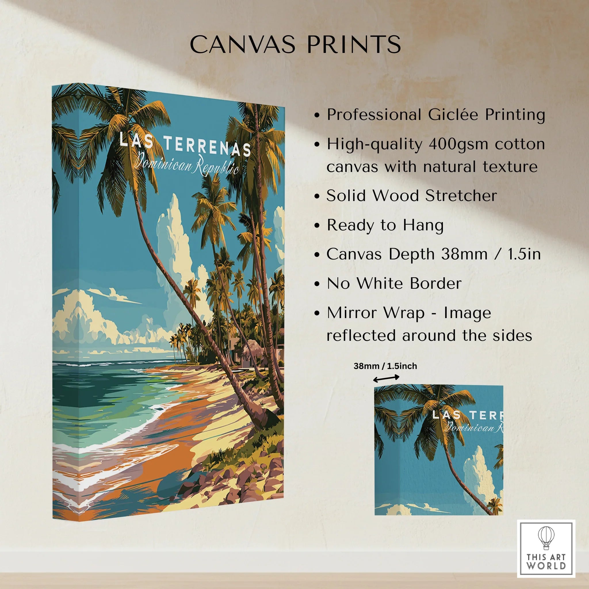 Las Terrenas Dominican Republic travel poster canvas print with palm trees and beach, ready to hang wall art