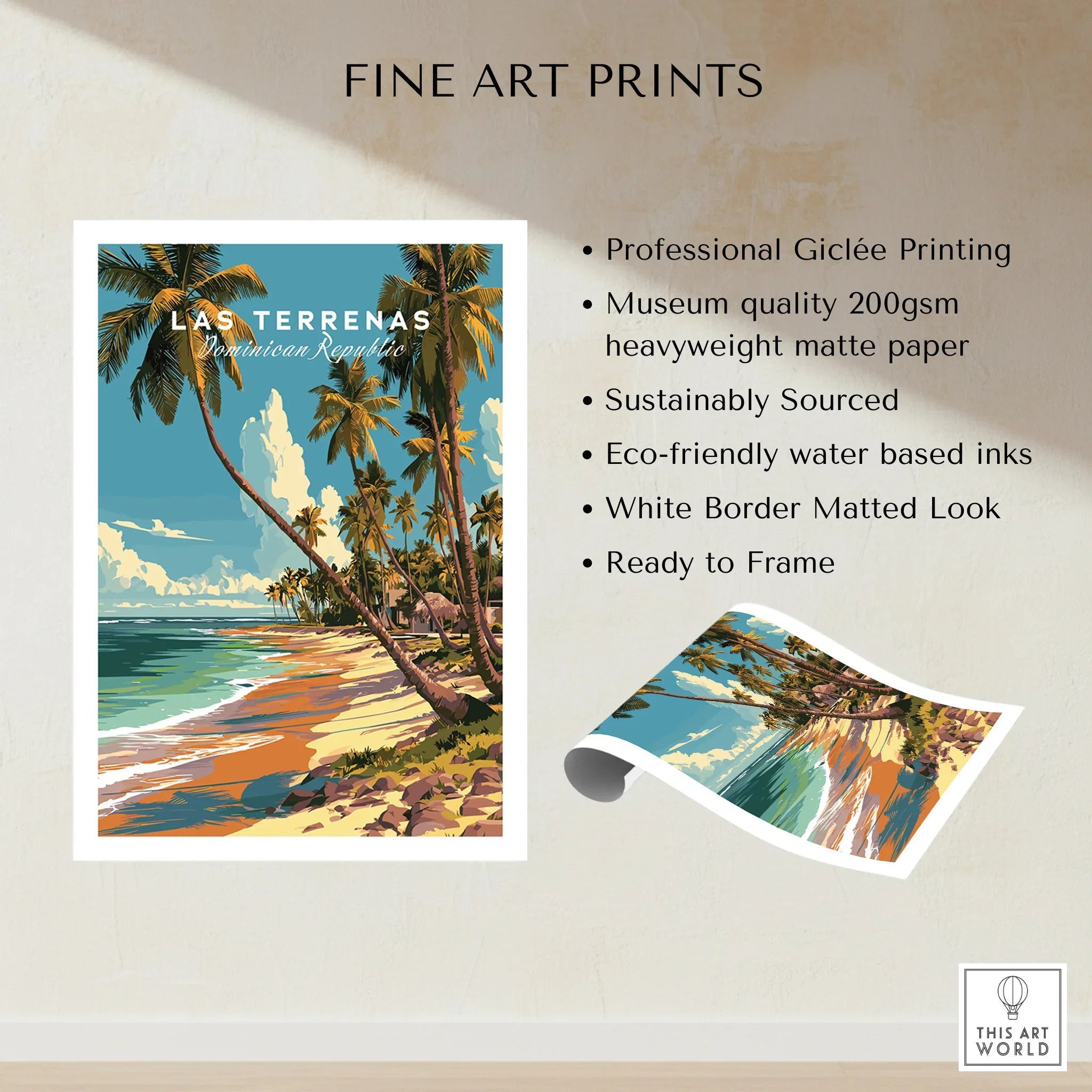 Las Terrenas Dominican Republic travel poster with palm trees, beach, and ocean, fine art print ready to frame