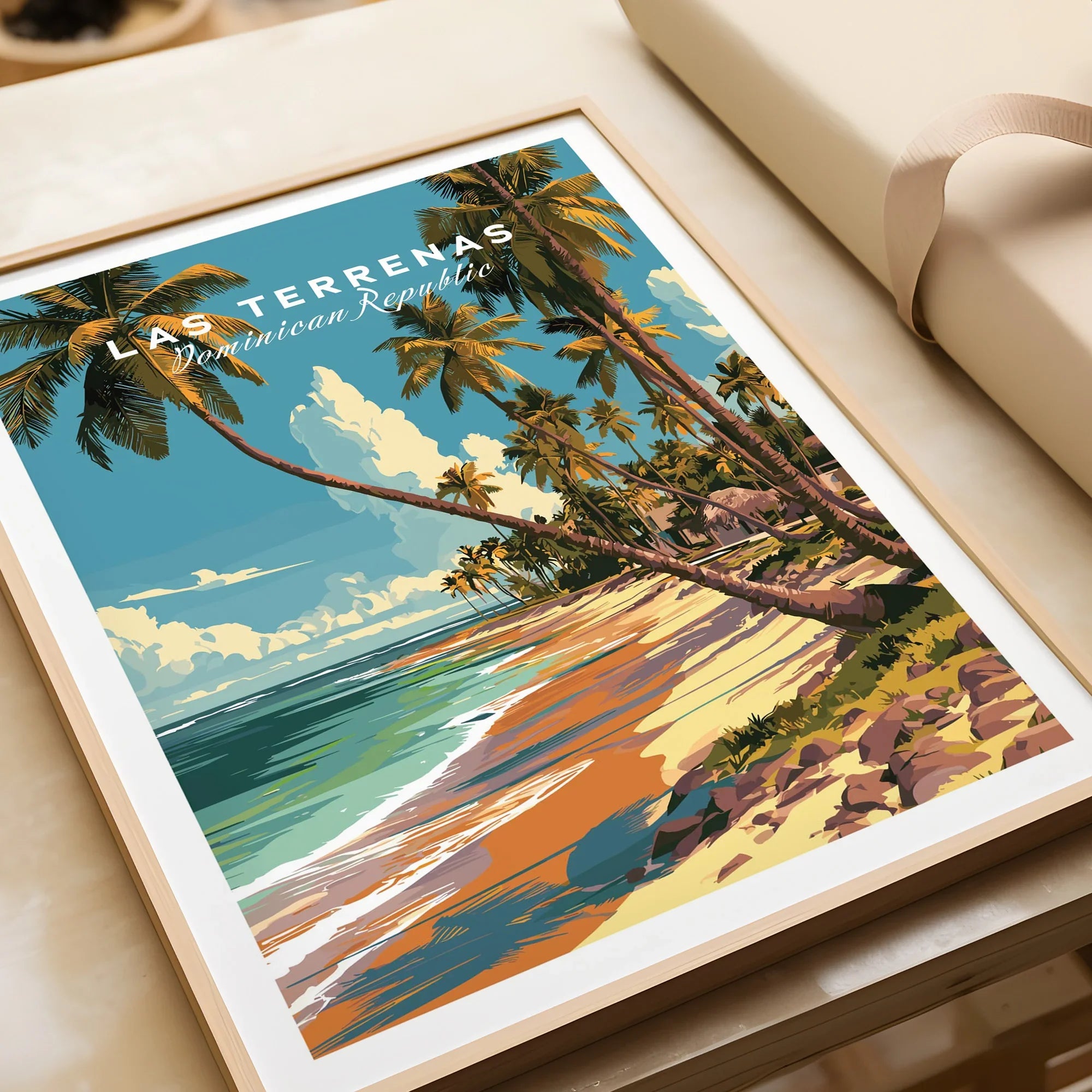 Las Terrenas Dominican Republic travel poster with palm trees, beach, and ocean, framed wall art