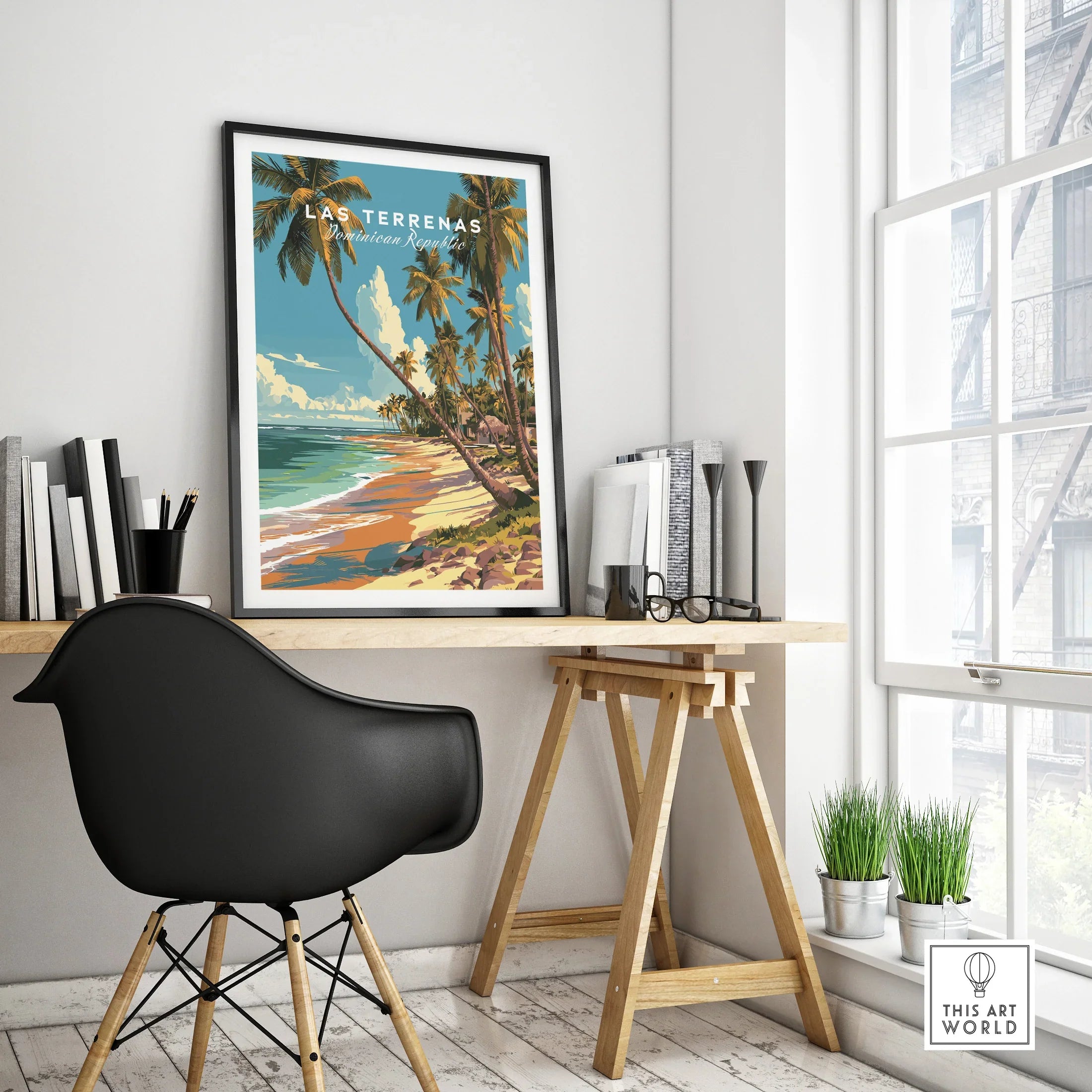 Las Terrenas Dominican Republic travel poster with palm trees, beach, and ocean, framed on desk wall