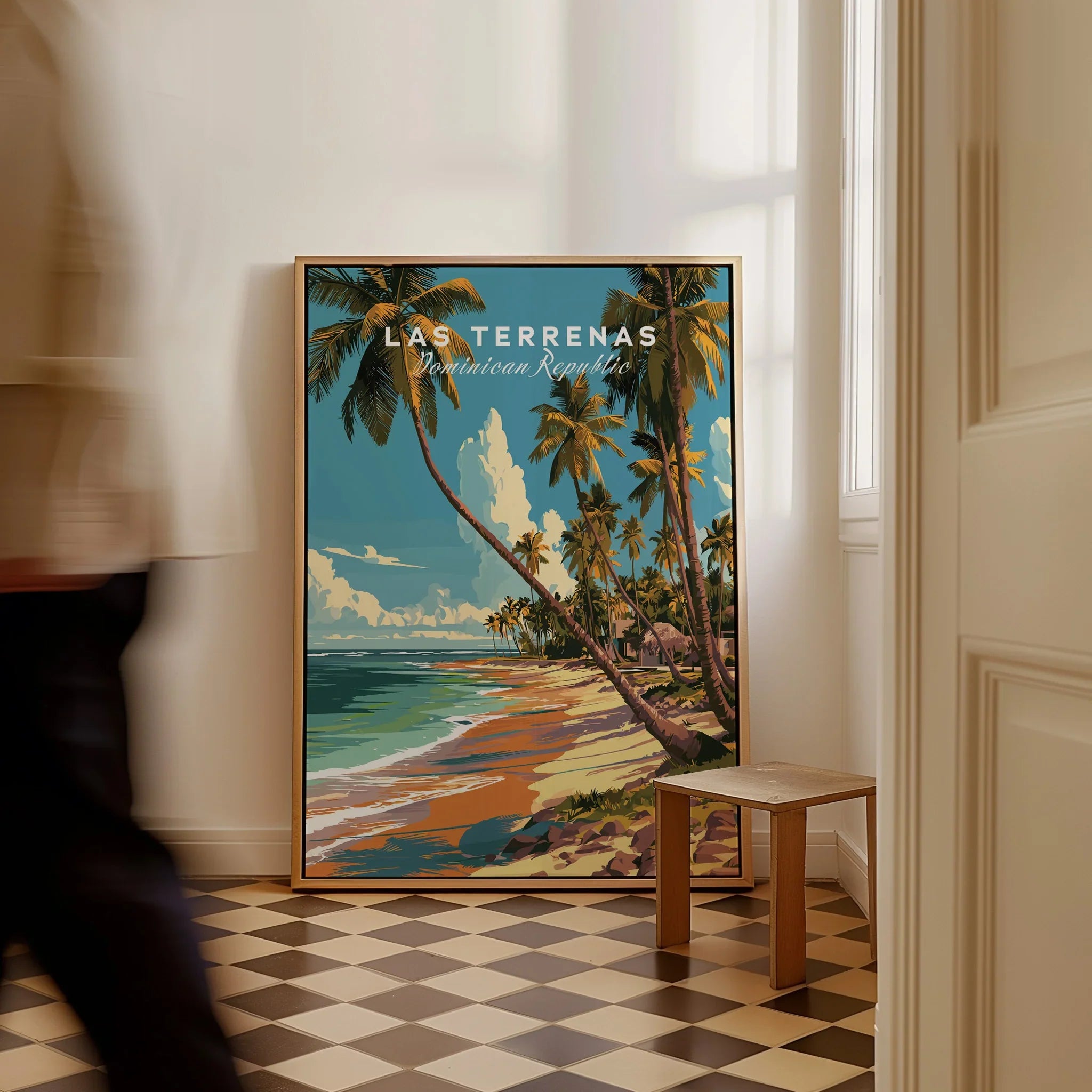 Las Terrenas Dominican Republic travel poster with palm trees, beach, and ocean, framed wall art for home decor