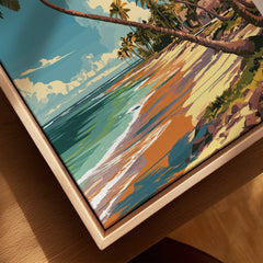 Tropical beach travel poster with palm trees, ocean waves, and sandy shore, perfect for home wall art decor.