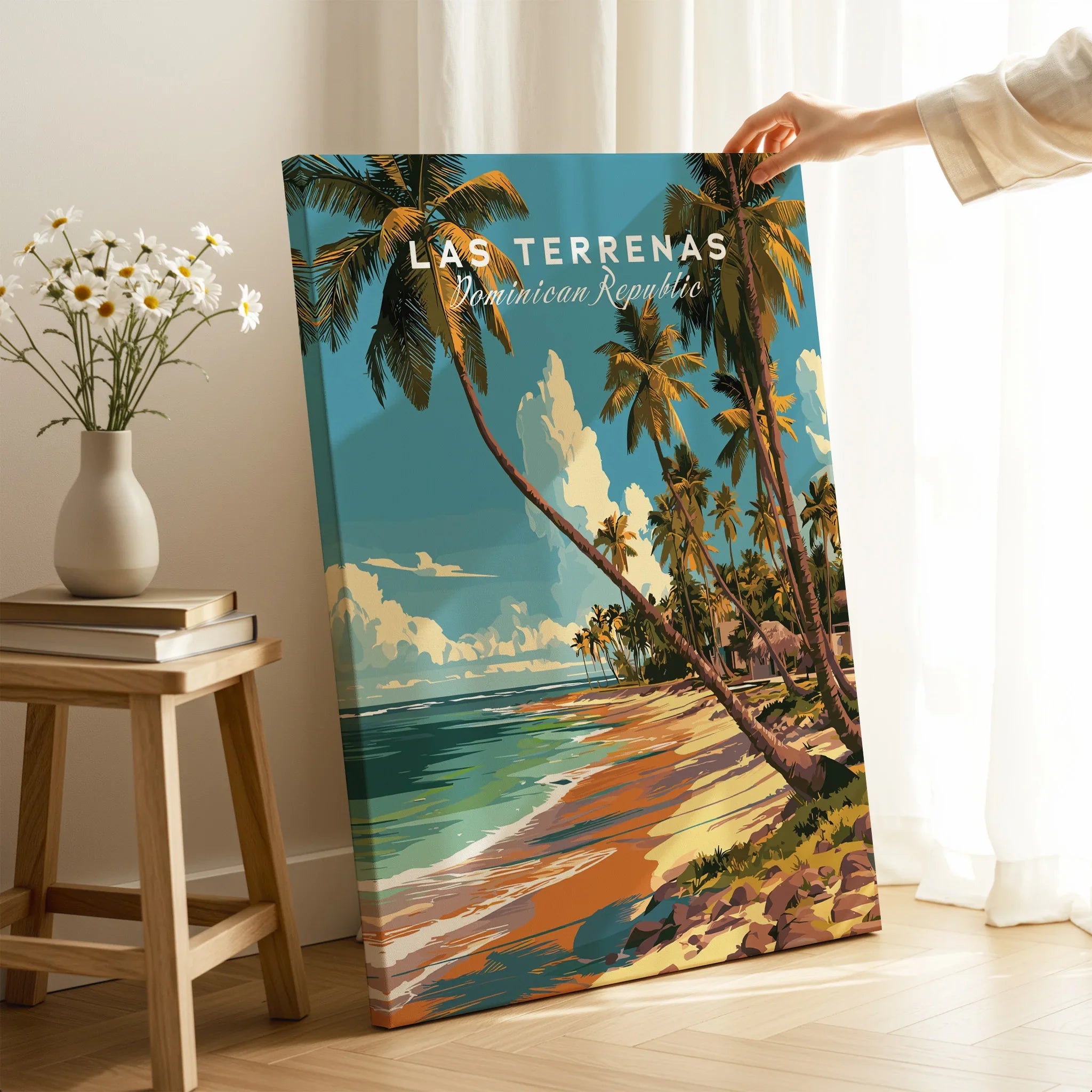 Las Terrenas Dominican Republic travel poster with palm trees and beach, ideal wall art for home decor